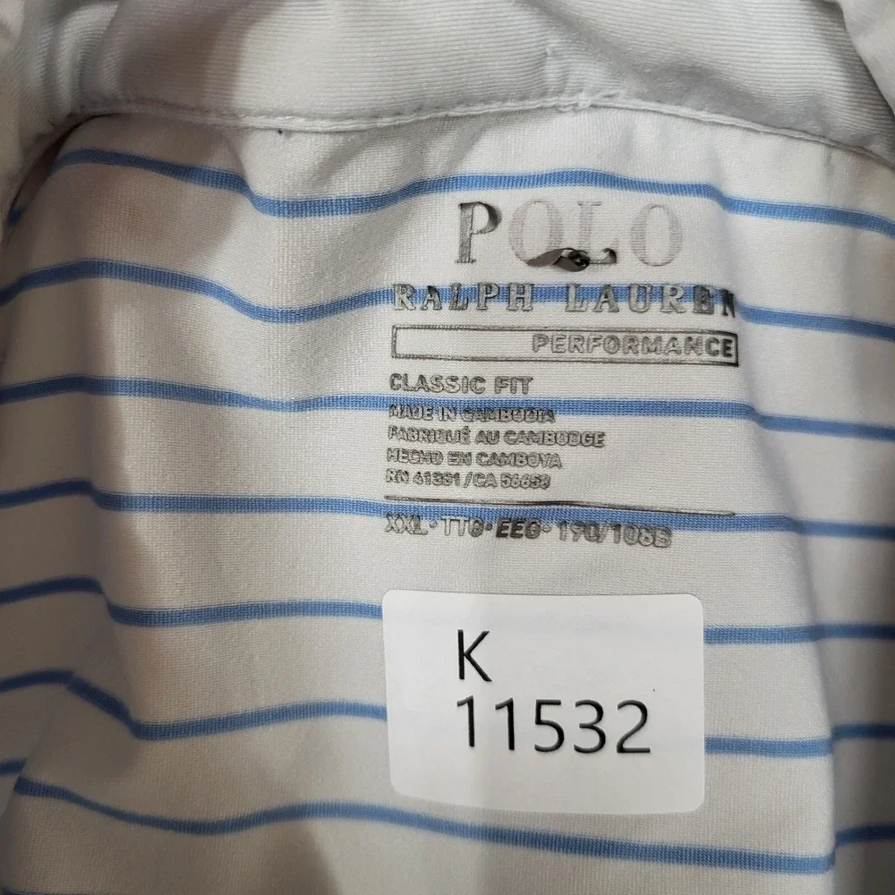 Polo Ralph Lauren Men Polo Shirt‎ 2XL White Striped Performance Logo Embroidered